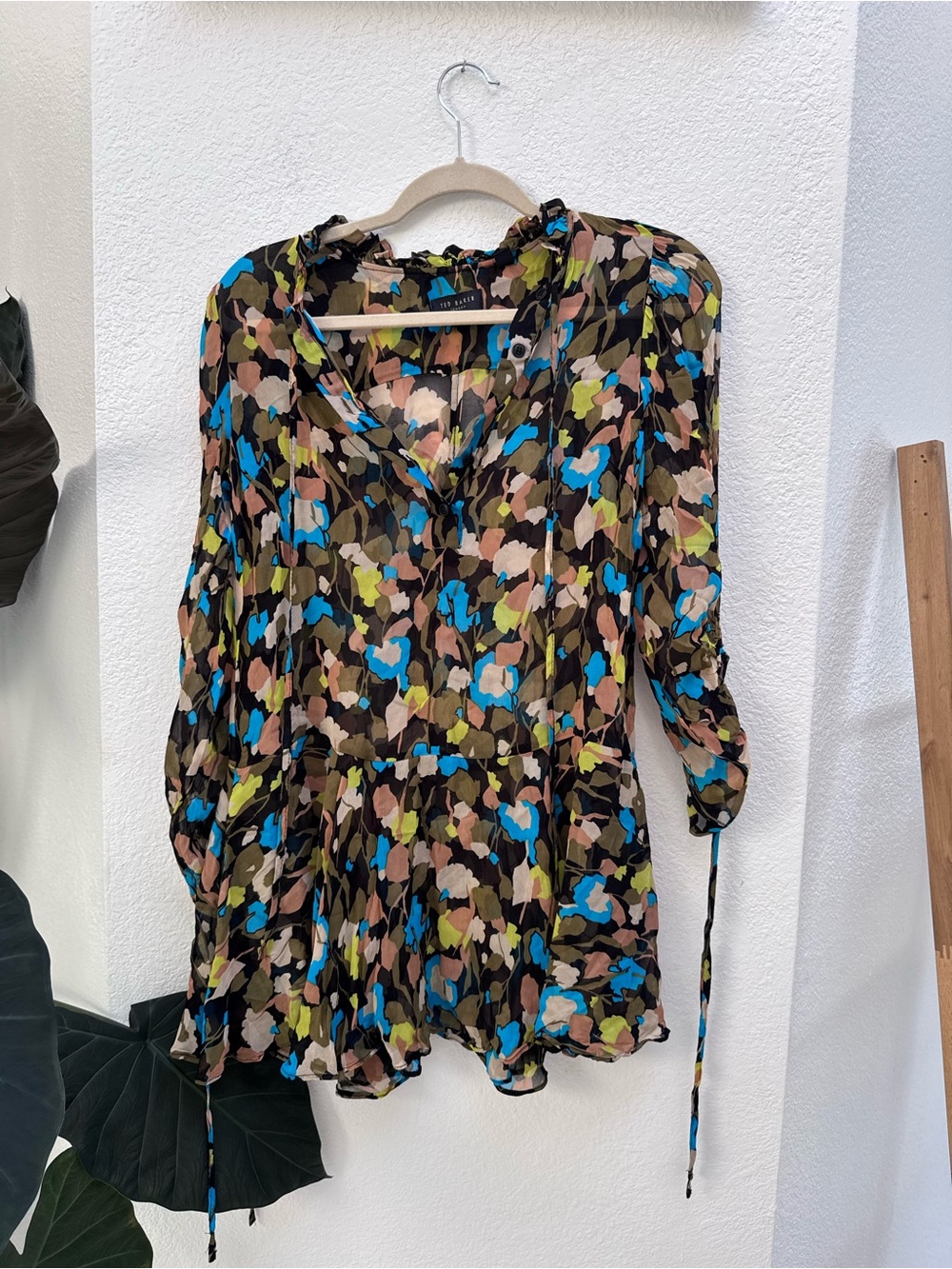 Ted Baker Multicolor Floral Drop Waist  Mini Tunic Dress Long Sleeve Sheer